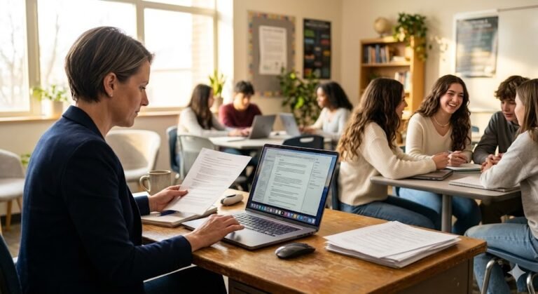 A photorealistic, high-resolution shot of a modern, bright classroom setting. In the foreground, a professional-looking teacher is sitting at a wooden desk with an open laptop, clearly reviewing a document. In the soft-focus background, diverse students are engaged in a group discussion. Natural sunlight streams through a large window, creating a warm, academic, and optimistic atmosphere. High-end professional photography, 8k, sharp focus on the teacher's hands and the laptop screen. remem ber there b beautiful girl at right place